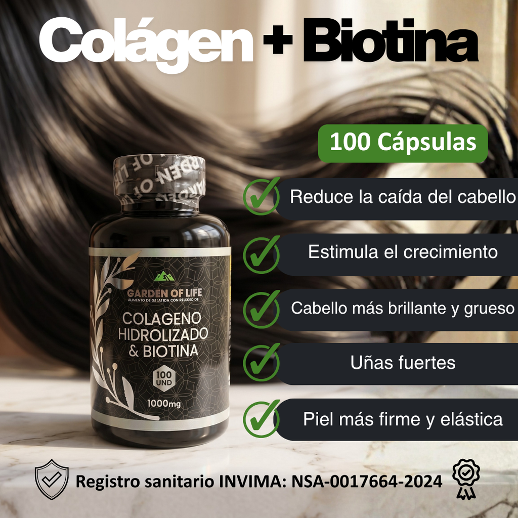 Colágeno Hidrolizado & Biotina Garden — 100 Cápsulas · Registro INVIMA
