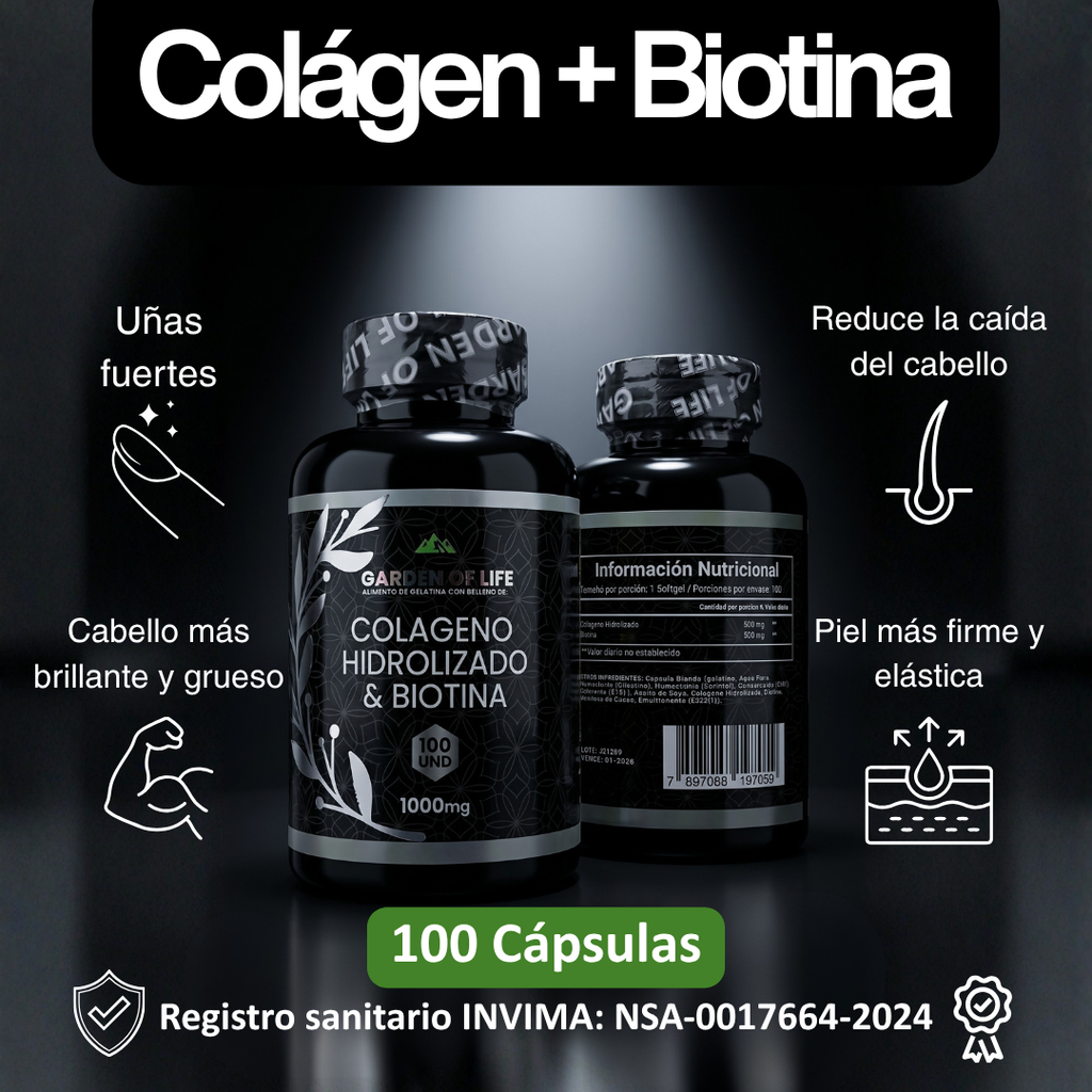 Colágeno Hidrolizado & Biotina Garden — 100 Cápsulas · Registro INVIMA